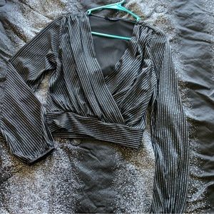 V cut glitter striped wrap long sleeve top